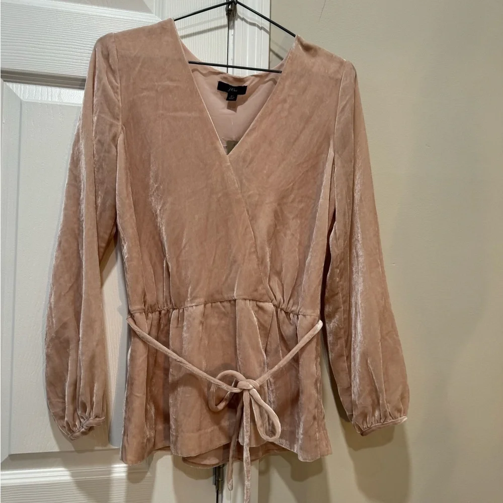 J Crew Women Blush Pink Velvet V-Neck Long Sleeve Top With Tie Size 4